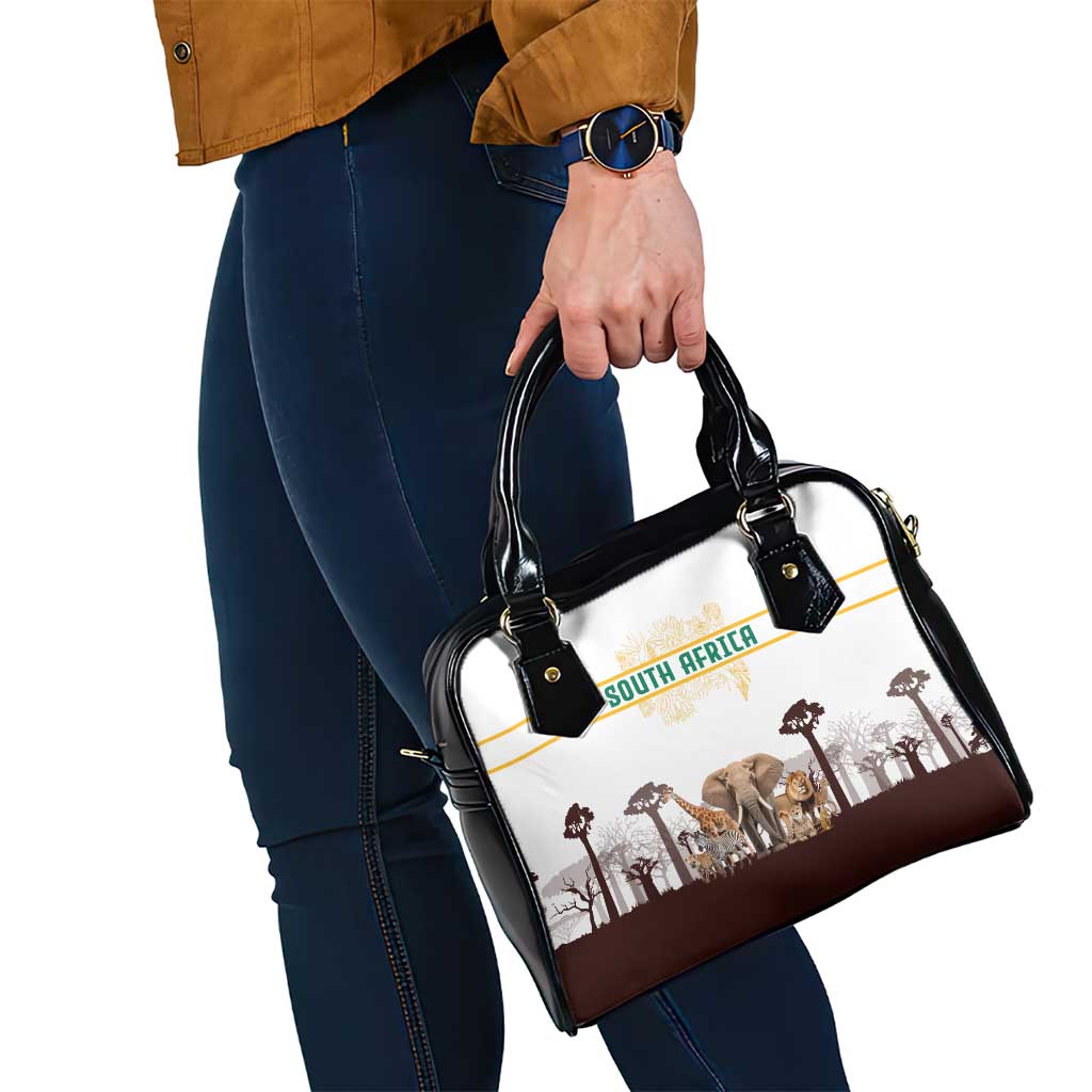 South Africa Wildlife Pride Shoulder Handbag Big Five with National Flag and Protea Floral Accent