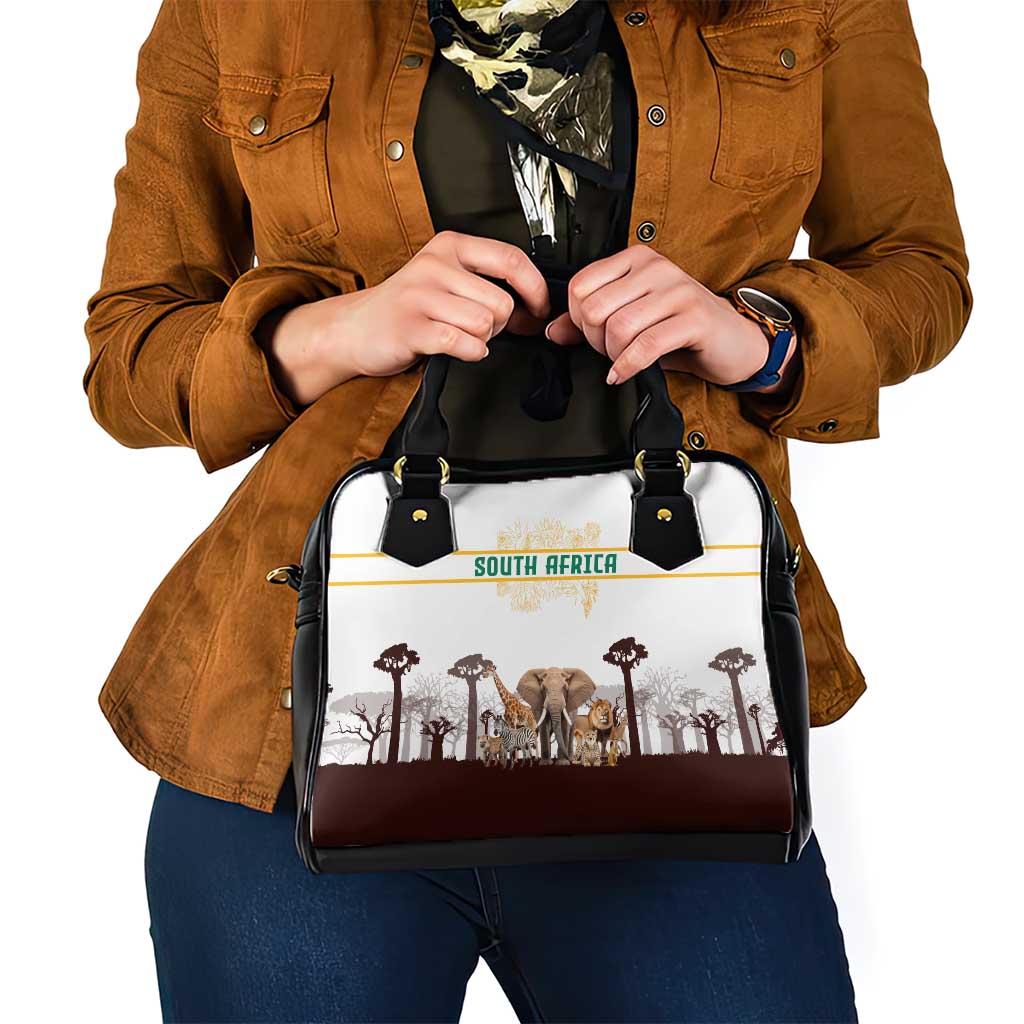 South Africa Wildlife Pride Shoulder Handbag Big Five with National Flag and Protea Floral Accent