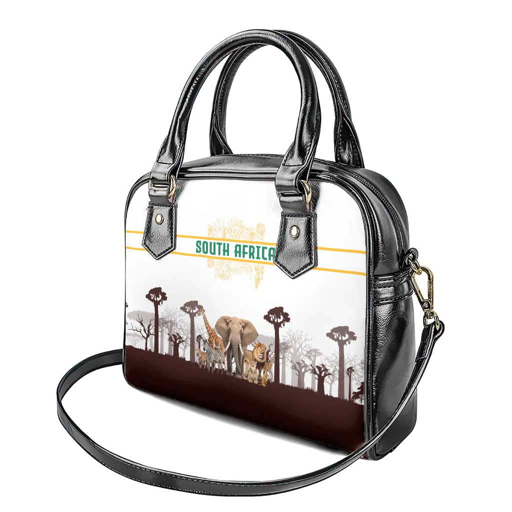 South Africa Wildlife Pride Shoulder Handbag Big Five with National Flag and Protea Floral Accent