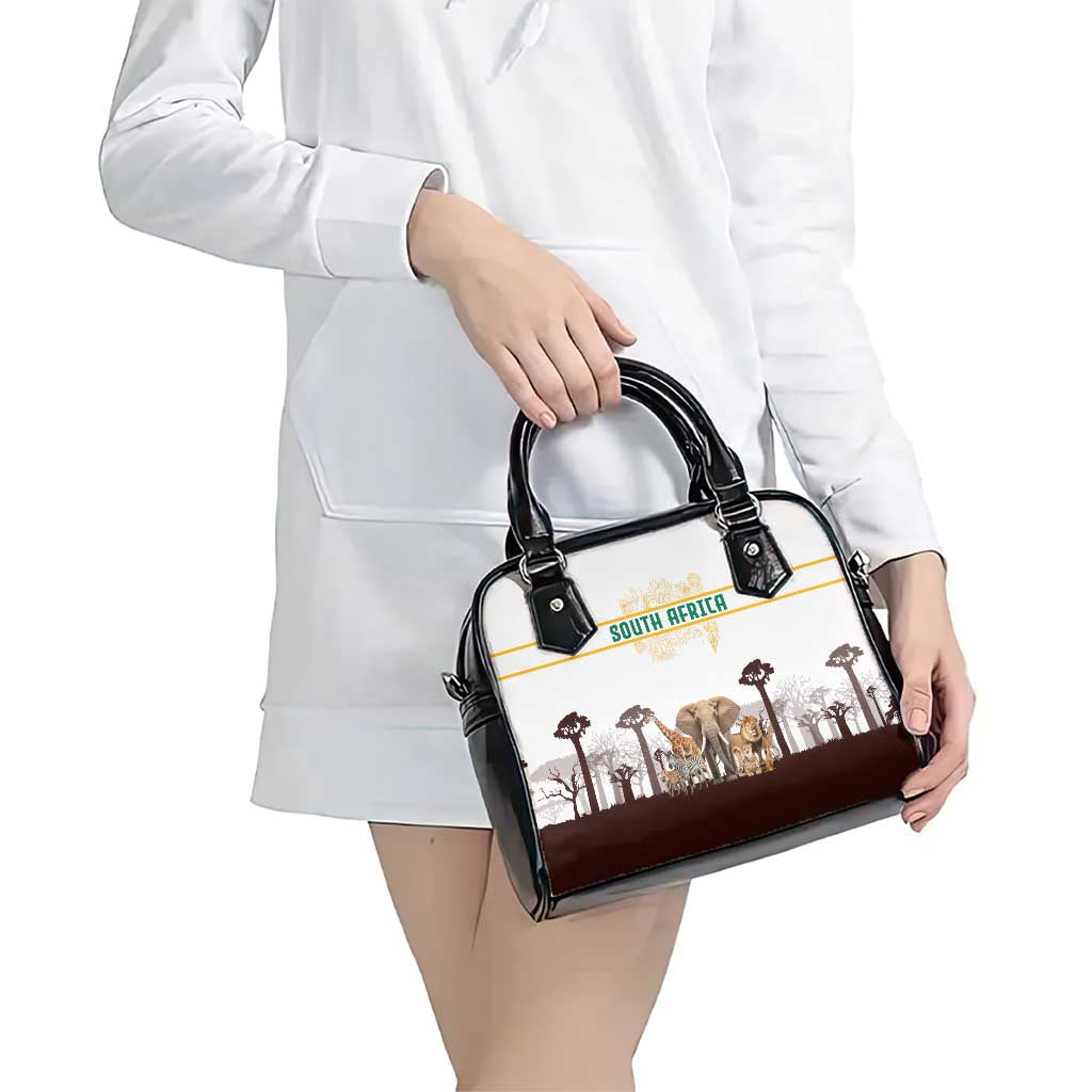 South Africa Wildlife Pride Shoulder Handbag Big Five with National Flag and Protea Floral Accent