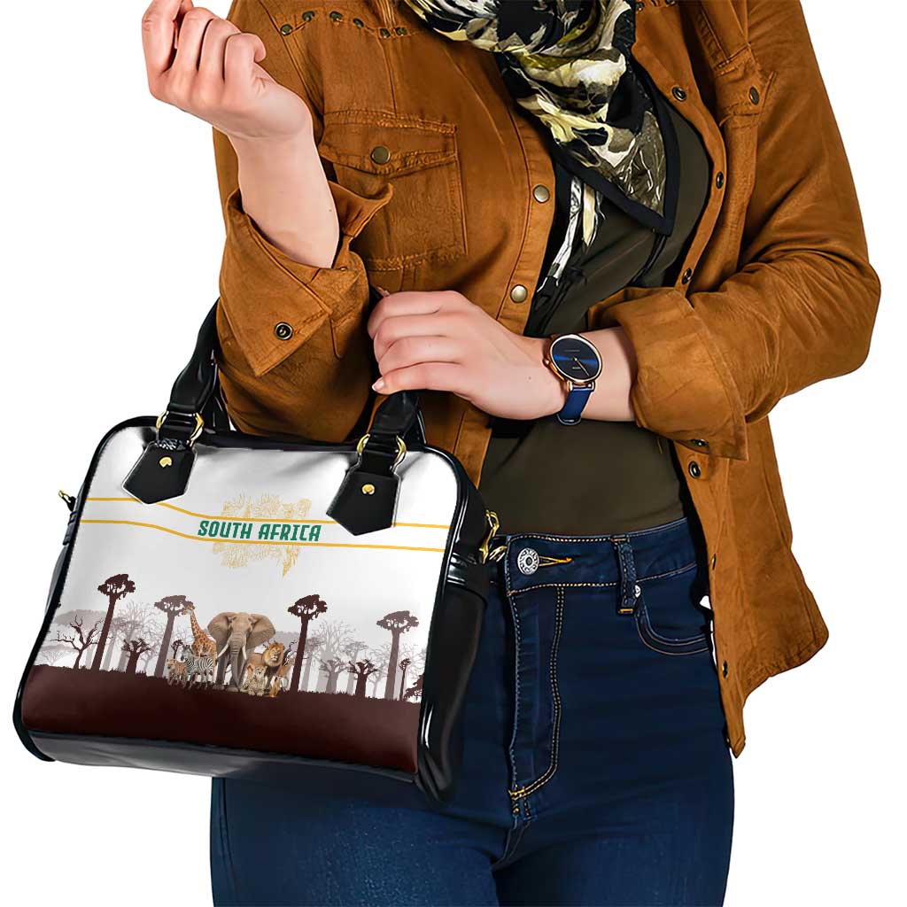 South Africa Wildlife Pride Shoulder Handbag Big Five with National Flag and Protea Floral Accent
