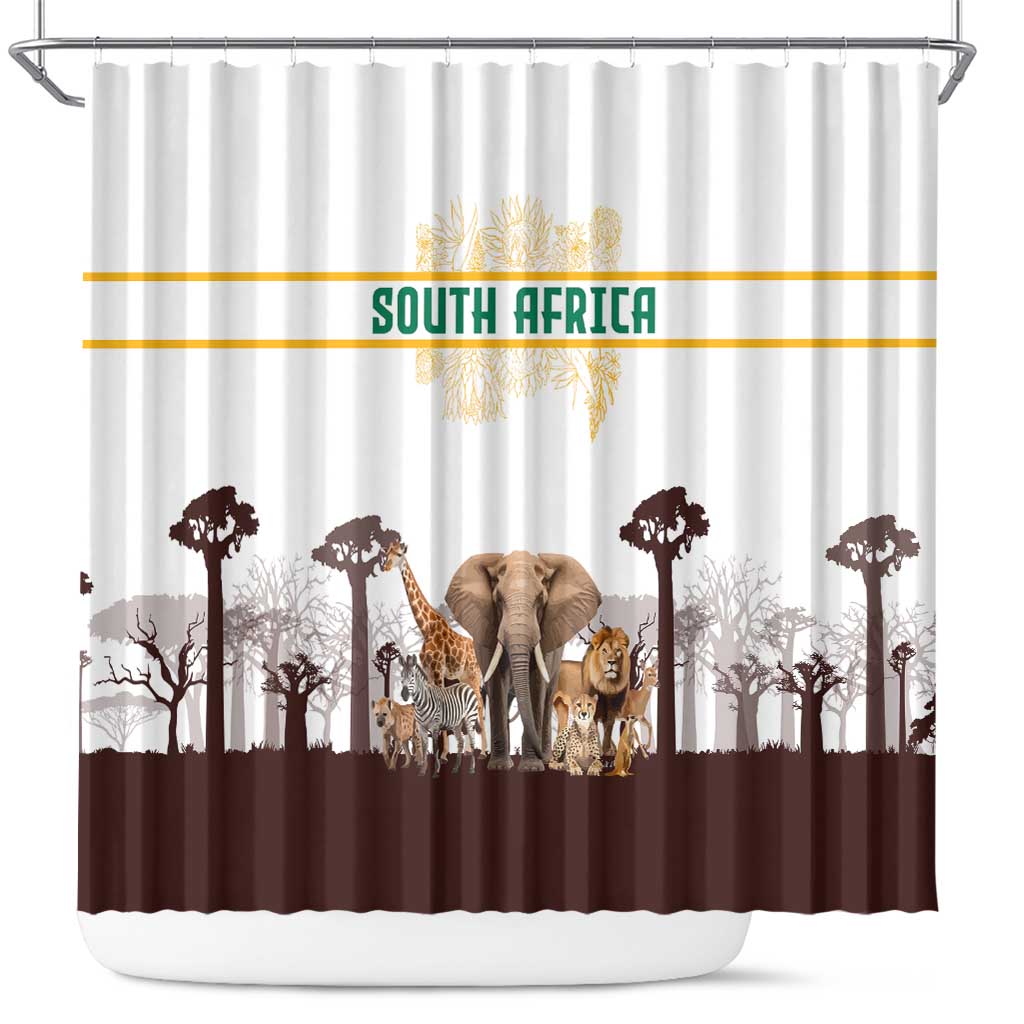 South Africa Wildlife Pride Shower Curtain Big Five with National Flag and Protea Floral Accent