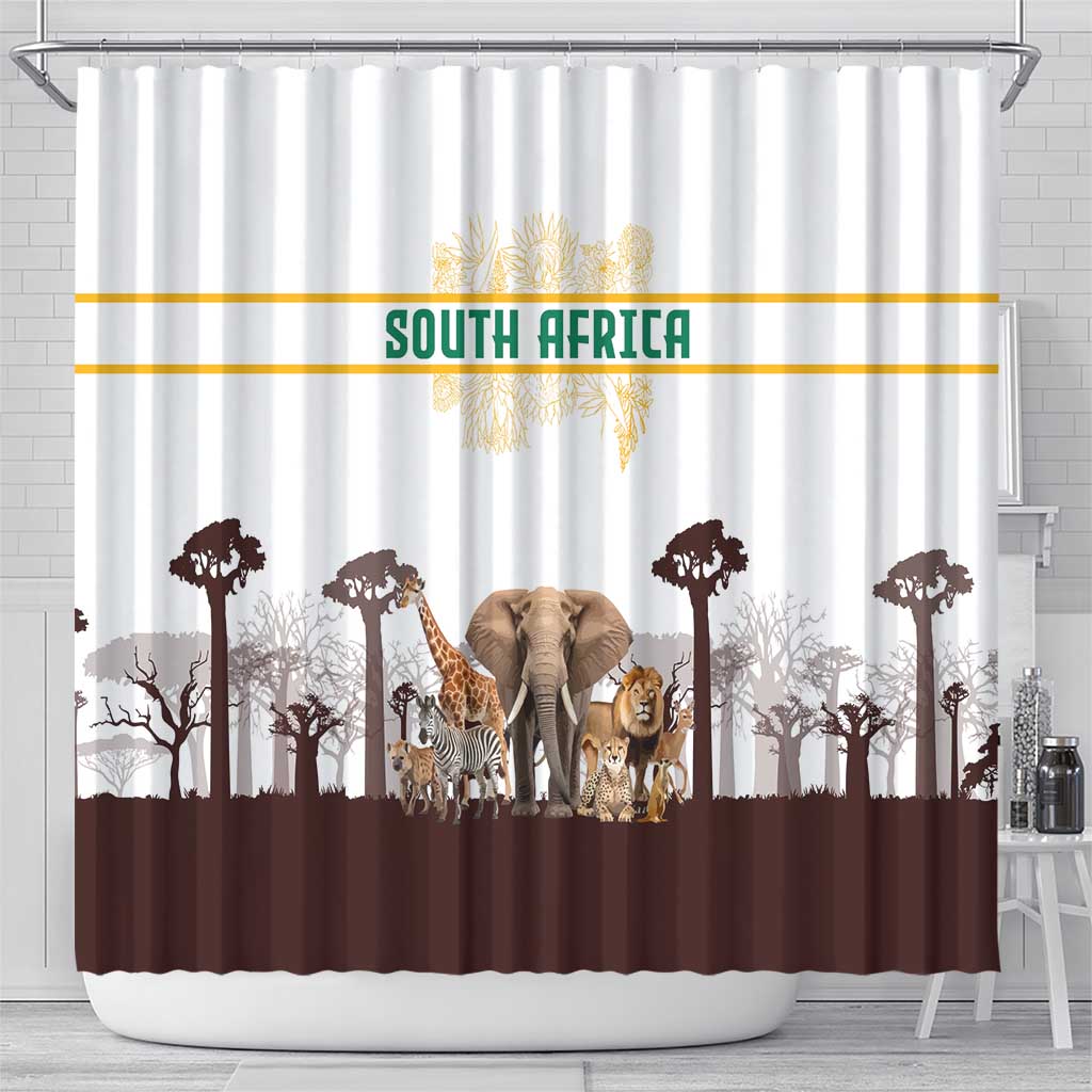 South Africa Wildlife Pride Shower Curtain Big Five with National Flag and Protea Floral Accent