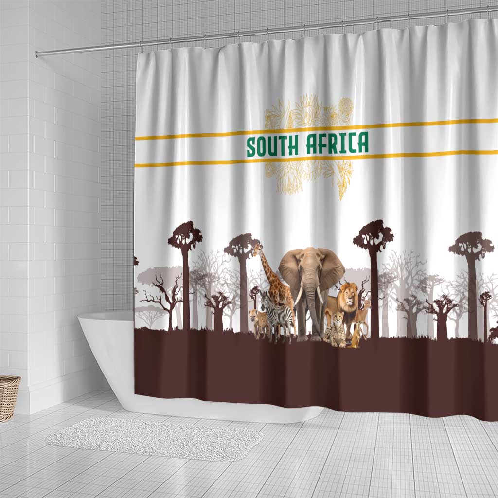 South Africa Wildlife Pride Shower Curtain Big Five with National Flag and Protea Floral Accent