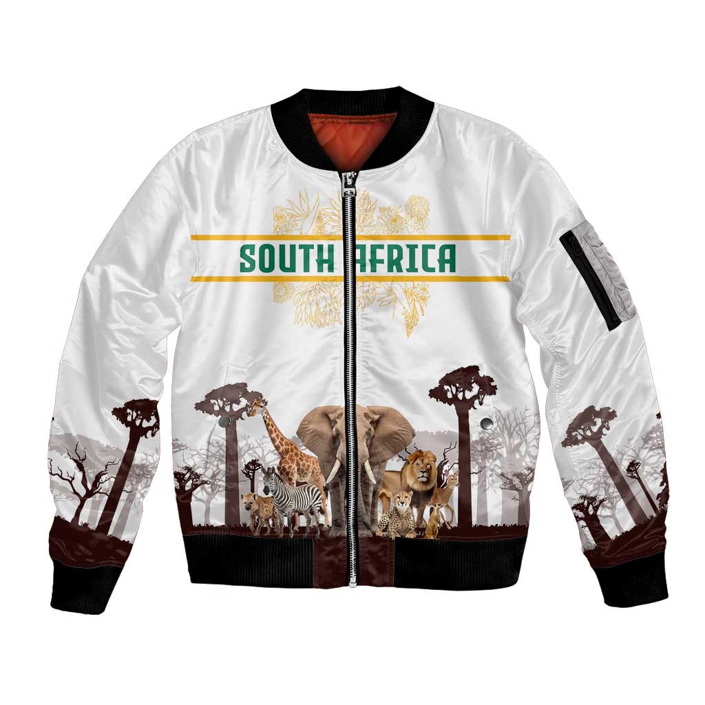 South Africa Wildlife Pride Sleeve Zip Bomber Jacket Big Five with National Flag and Protea Floral Accent