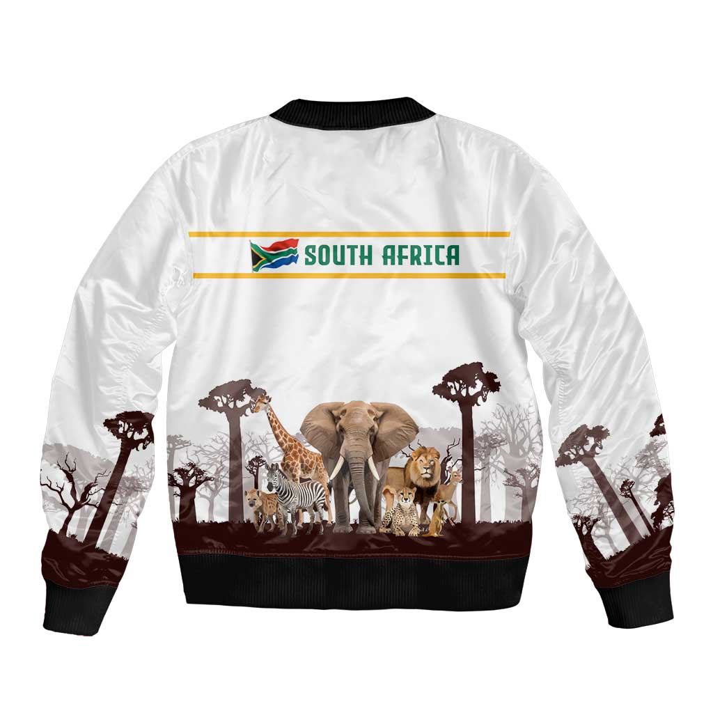 South Africa Wildlife Pride Sleeve Zip Bomber Jacket Big Five with National Flag and Protea Floral Accent