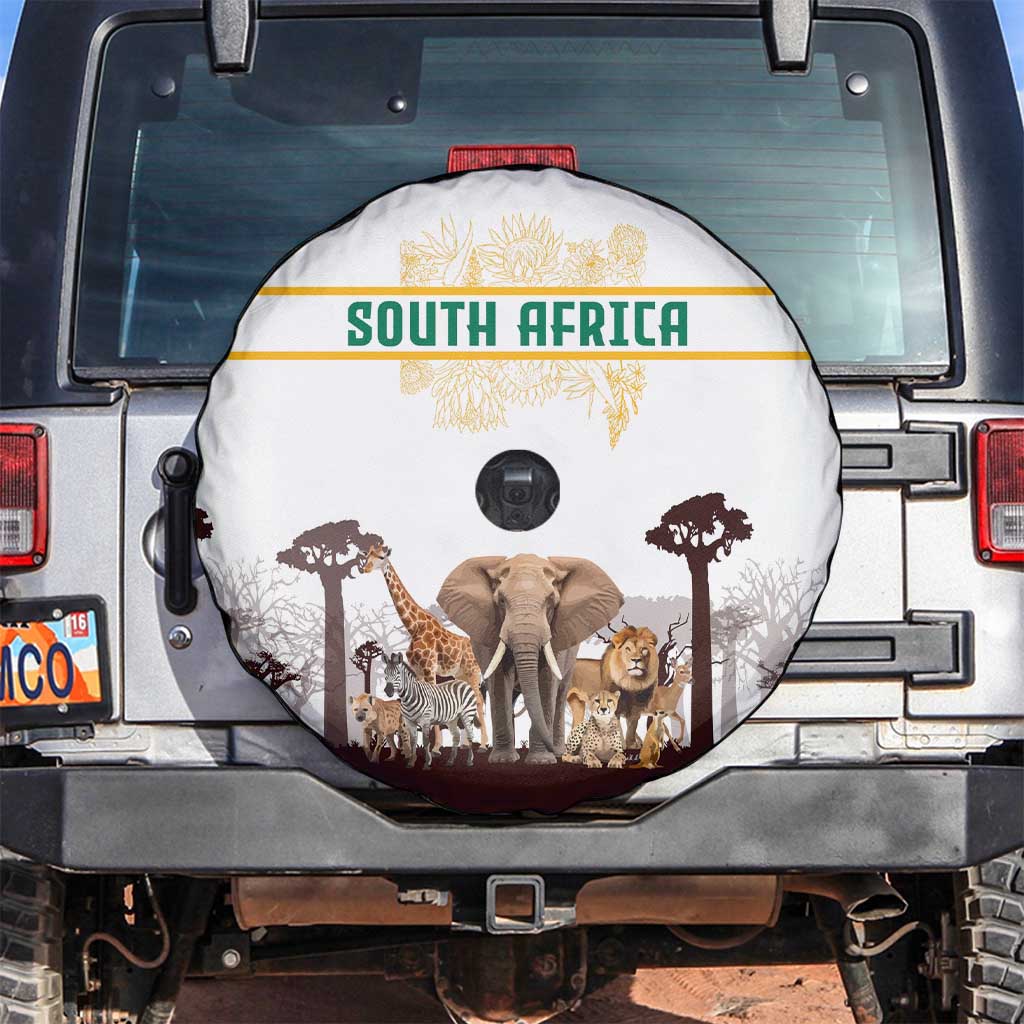 South Africa Wildlife Pride Spare Tire Cover Big Five with National Flag and Protea Floral Accent