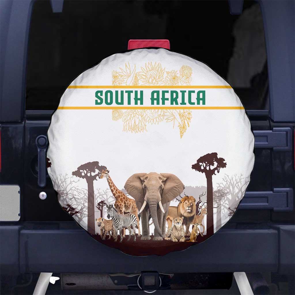 South Africa Wildlife Pride Spare Tire Cover Big Five with National Flag and Protea Floral Accent