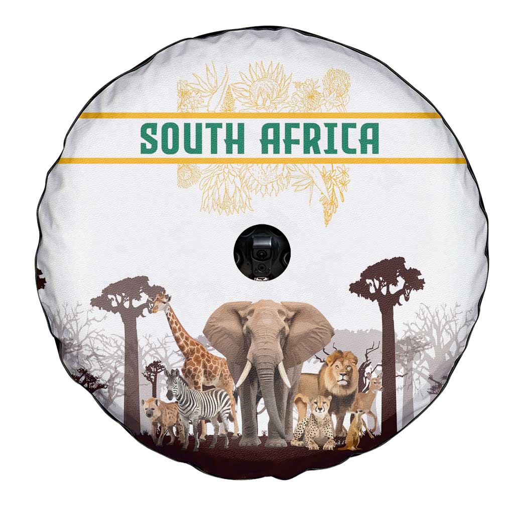 South Africa Wildlife Pride Spare Tire Cover Big Five with National Flag and Protea Floral Accent