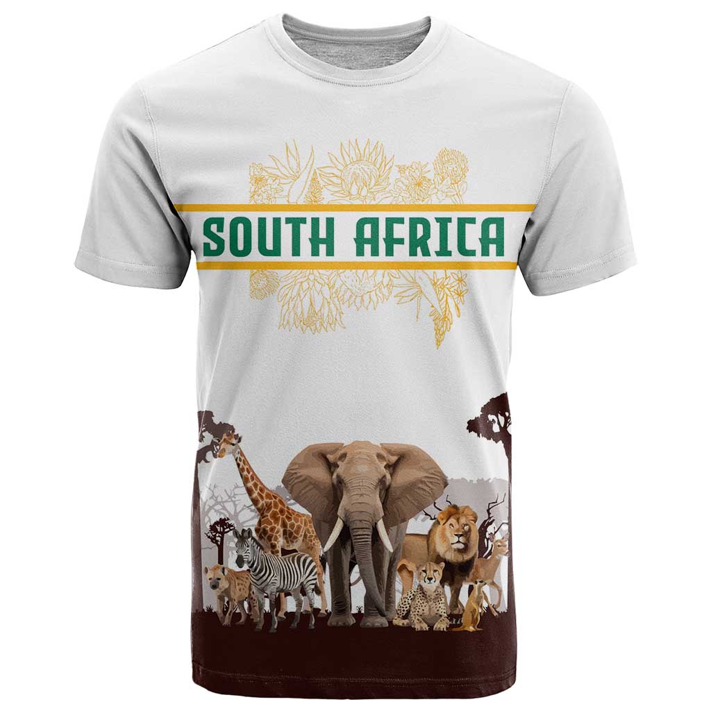 South Africa Wildlife Pride T Shirt Big Five with National Flag and Protea Floral Accent