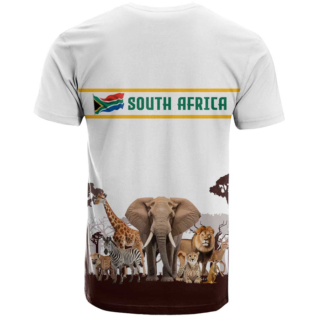 South Africa Wildlife Pride T Shirt Big Five with National Flag and Protea Floral Accent