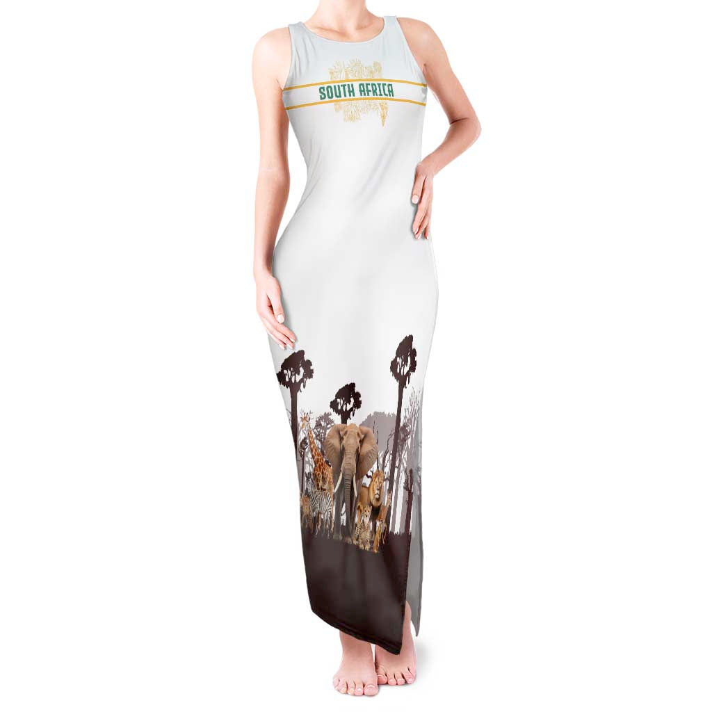 South Africa Wildlife Pride Tank Maxi Dress Big Five with National Flag and Protea Floral Accent