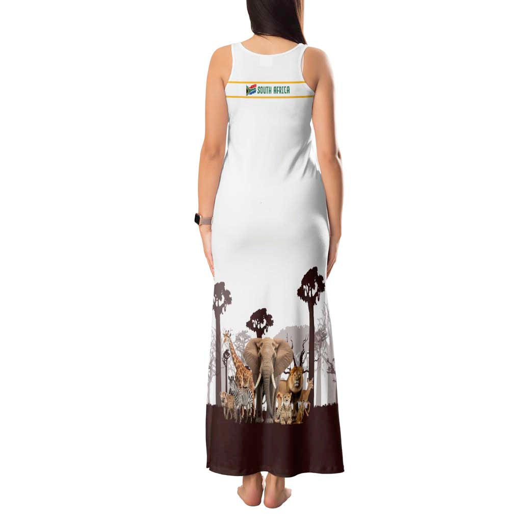 South Africa Wildlife Pride Tank Maxi Dress Big Five with National Flag and Protea Floral Accent