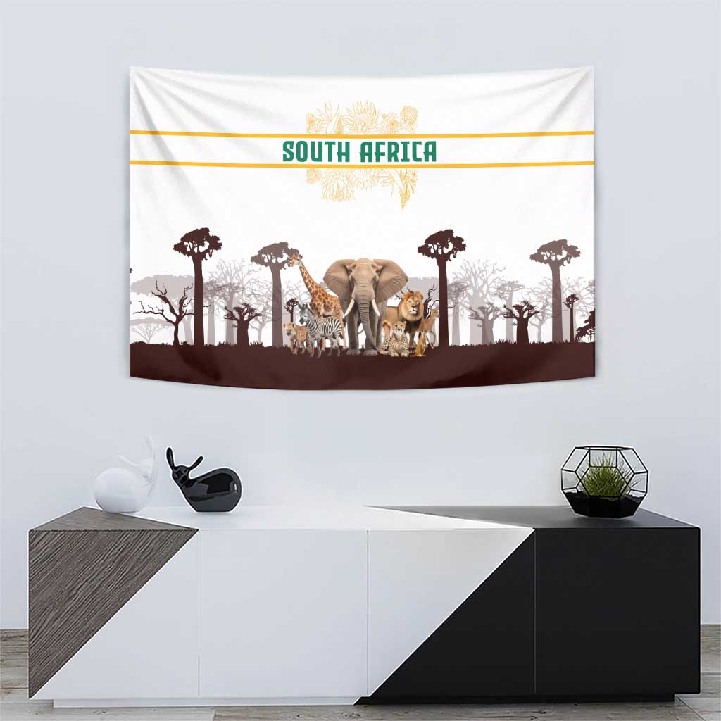 South Africa Wildlife Pride Tapestry Big Five with National Flag and Protea Floral Accent