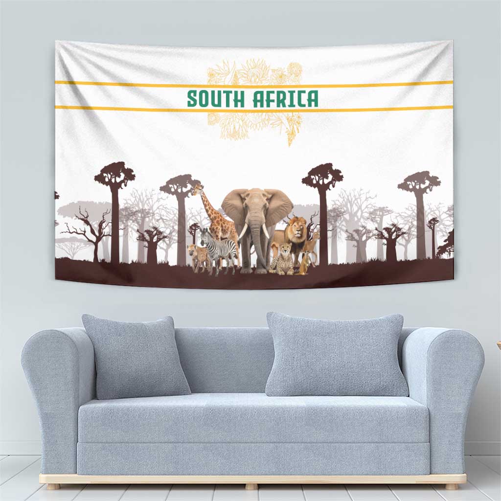 South Africa Wildlife Pride Tapestry Big Five with National Flag and Protea Floral Accent