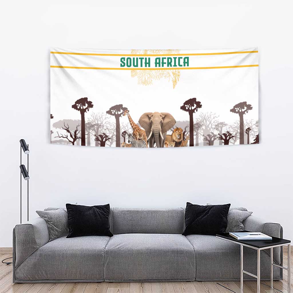 South Africa Wildlife Pride Tapestry Big Five with National Flag and Protea Floral Accent