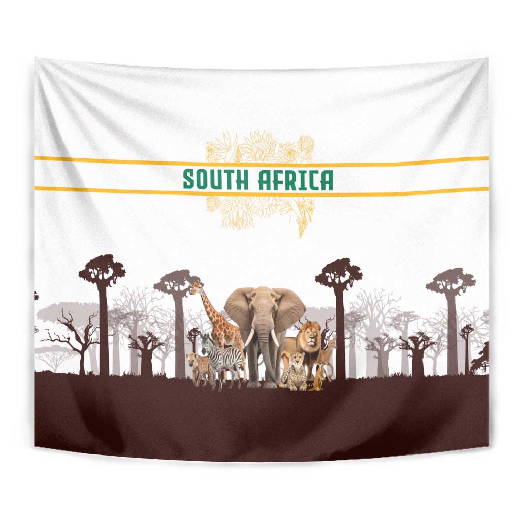 South Africa Wildlife Pride Tapestry Big Five with National Flag and Protea Floral Accent