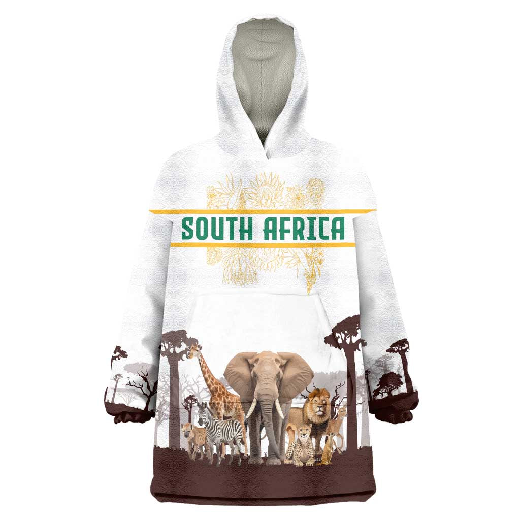 South Africa Wildlife Pride Wearable Blanket Hoodie Big Five with National Flag and Protea Floral Accent