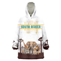 South Africa Wildlife Pride Wearable Blanket Hoodie Big Five with National Flag and Protea Floral Accent