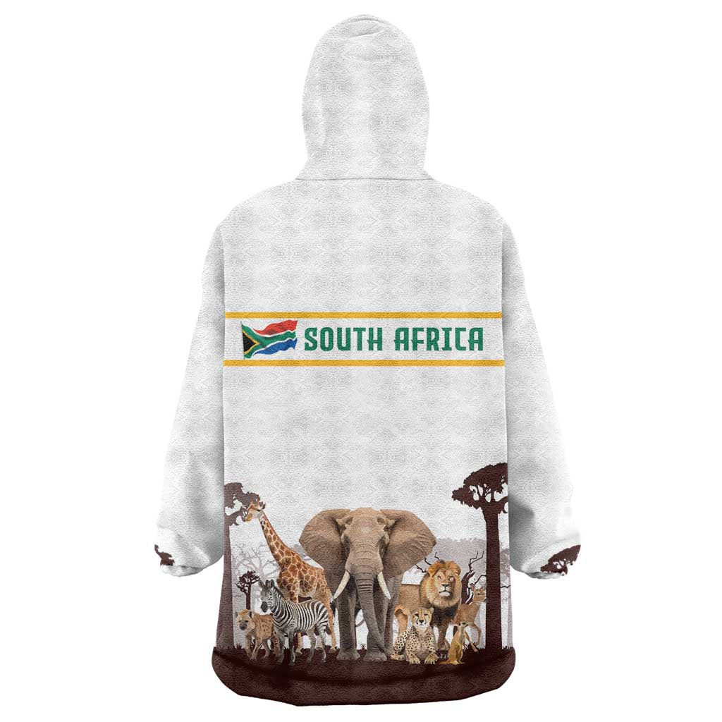 South Africa Wildlife Pride Wearable Blanket Hoodie Big Five with National Flag and Protea Floral Accent