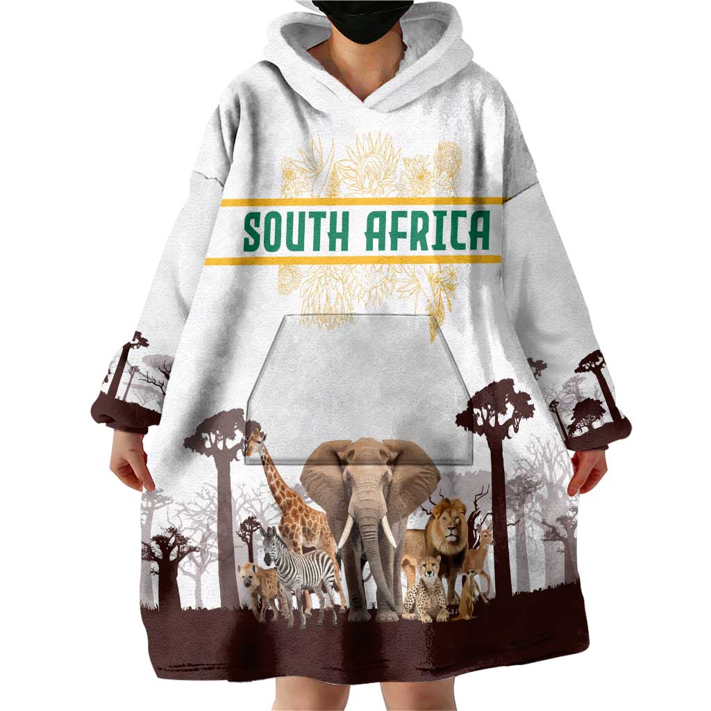 South Africa Wildlife Pride Wearable Blanket Hoodie Big Five with National Flag and Protea Floral Accent