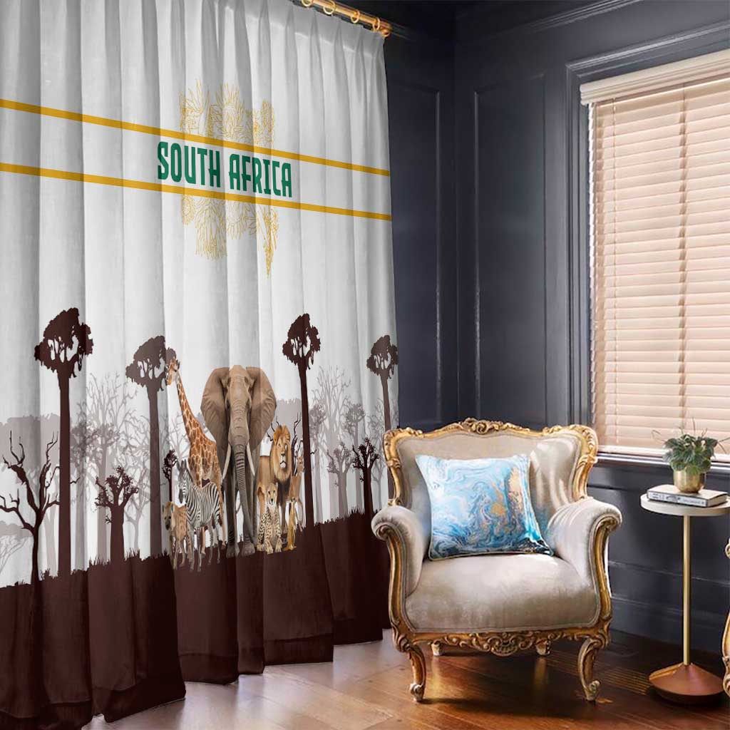 South Africa Wildlife Pride Window Curtain Big Five with National Flag and Protea Floral Accent