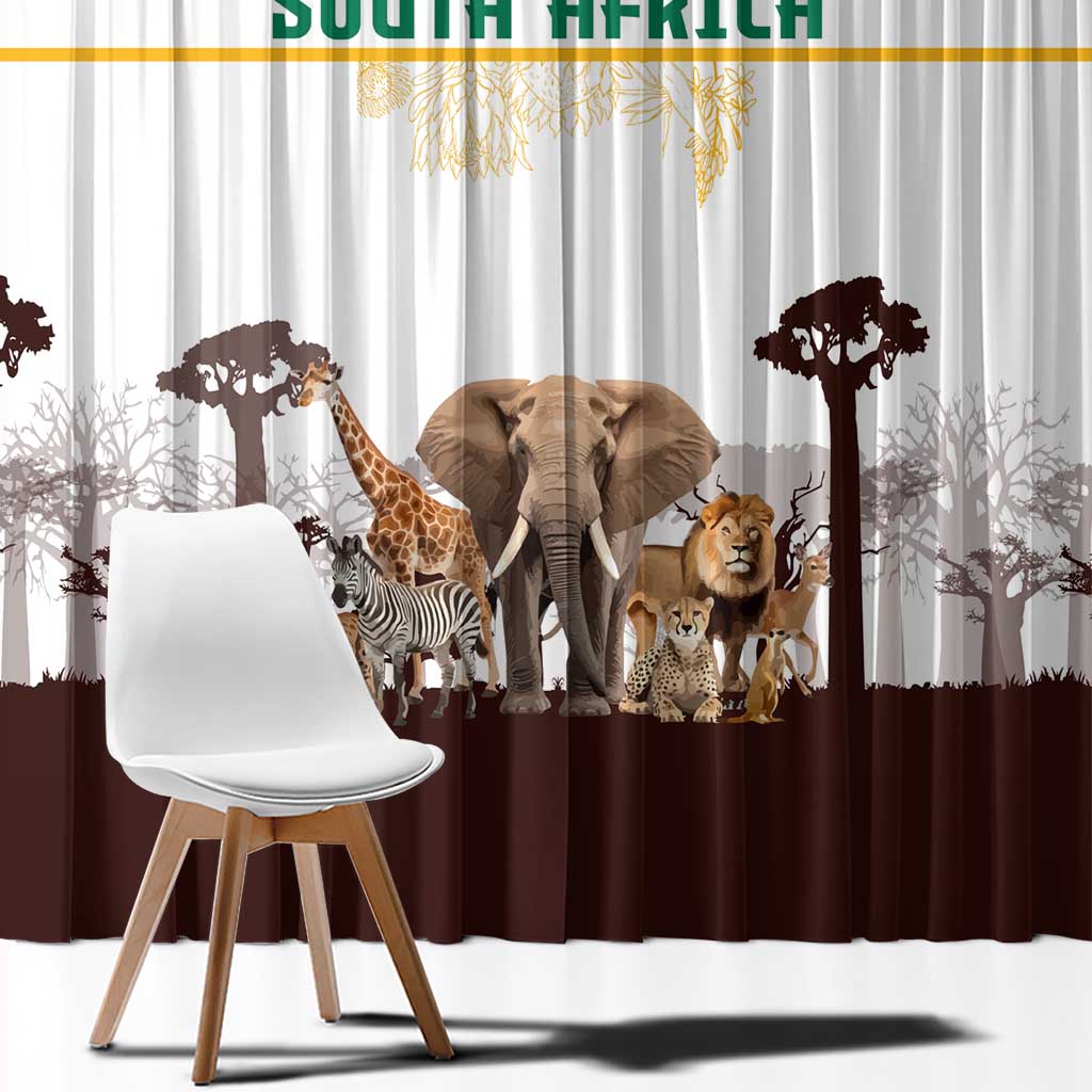 South Africa Wildlife Pride Window Curtain Big Five with National Flag and Protea Floral Accent