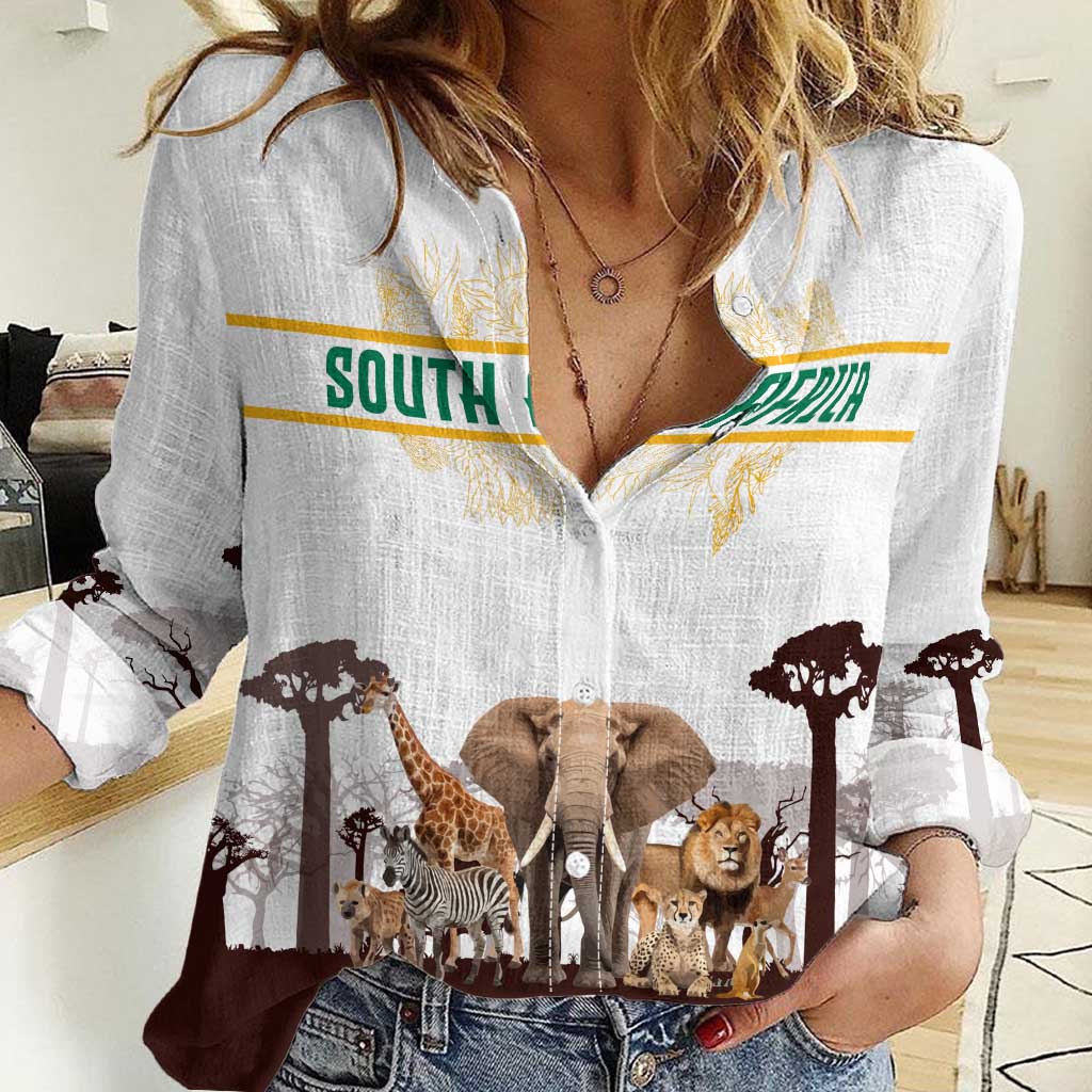 South Africa Wildlife Pride Women Casual Shirt Big Five with National Flag and Protea Floral Accent