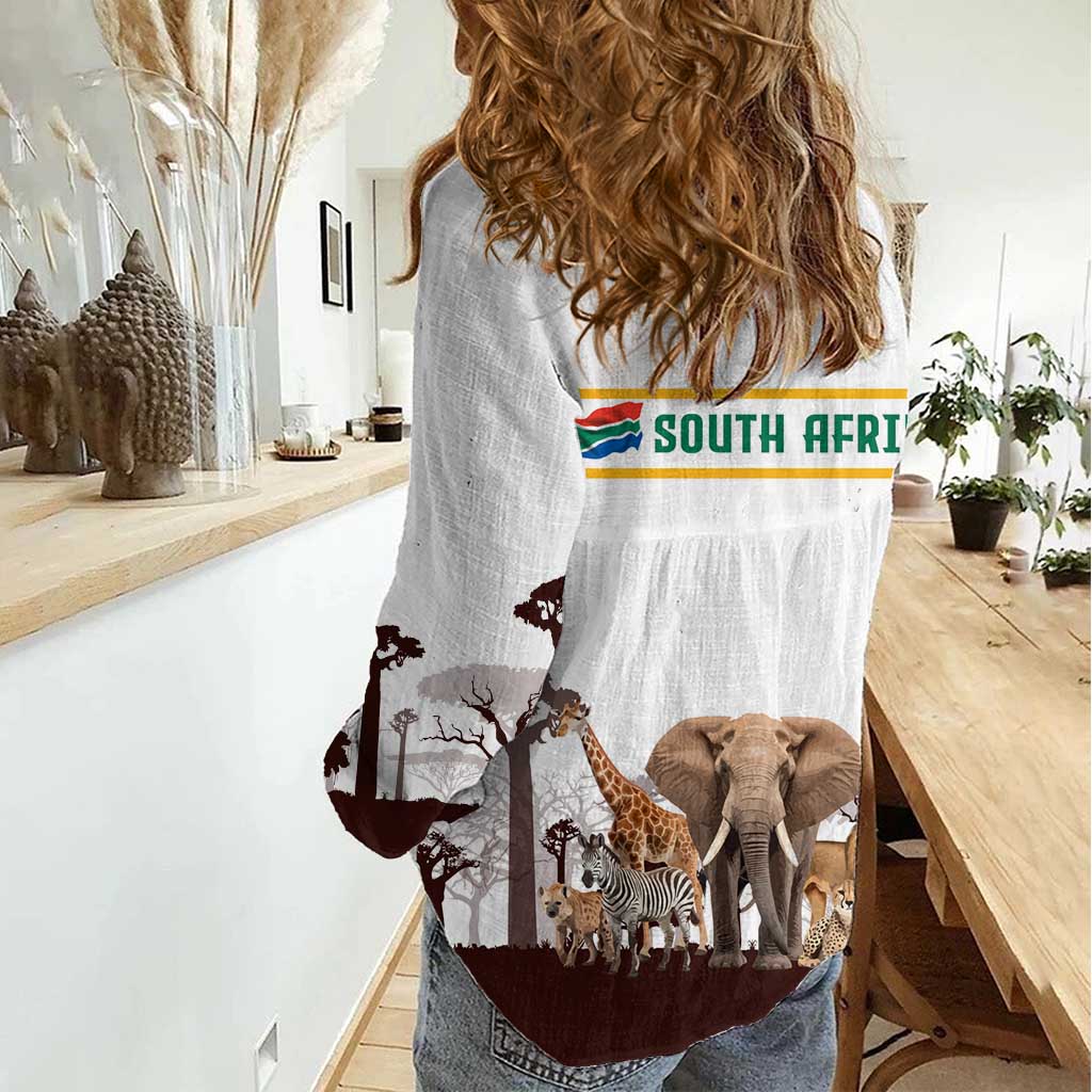 South Africa Wildlife Pride Women Casual Shirt Big Five with National Flag and Protea Floral Accent