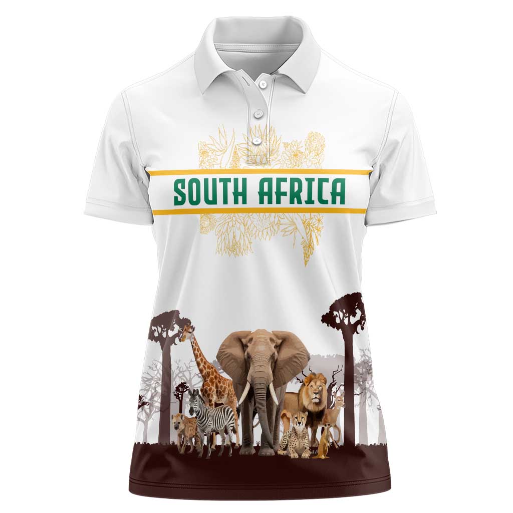 South Africa Wildlife Pride Women Polo Shirt Big Five with National Flag and Protea Floral Accent