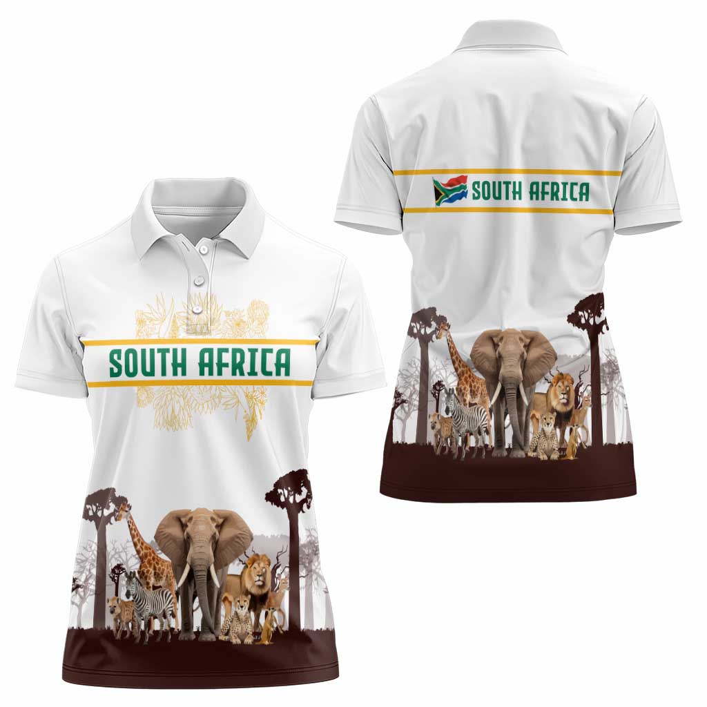 South Africa Wildlife Pride Women Polo Shirt Big Five with National Flag and Protea Floral Accent