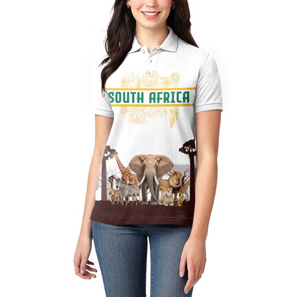 South Africa Wildlife Pride Women Polo Shirt Big Five with National Flag and Protea Floral Accent