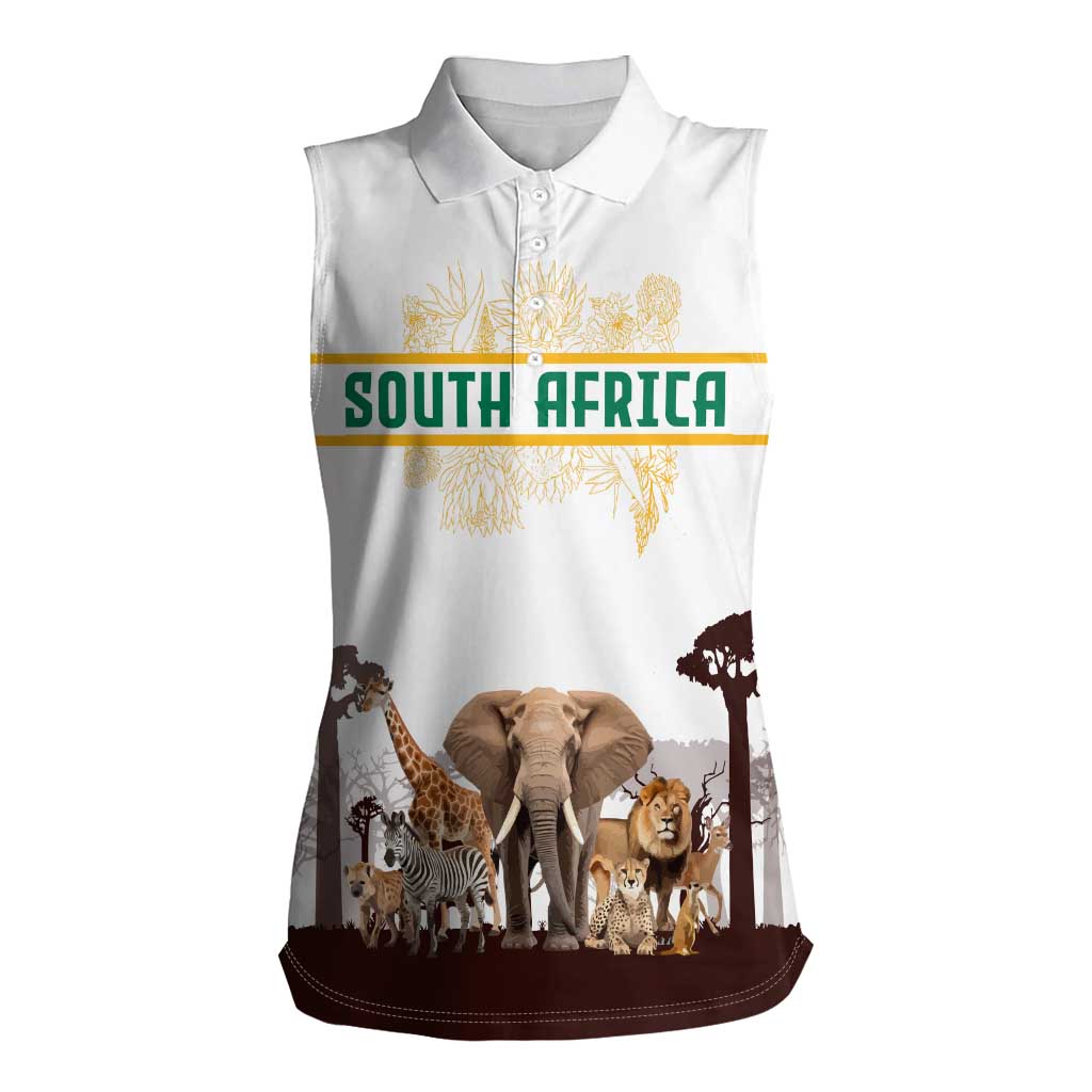 South Africa Wildlife Pride Women Sleeveless Polo Shirt Big Five with National Flag and Protea Floral Accent