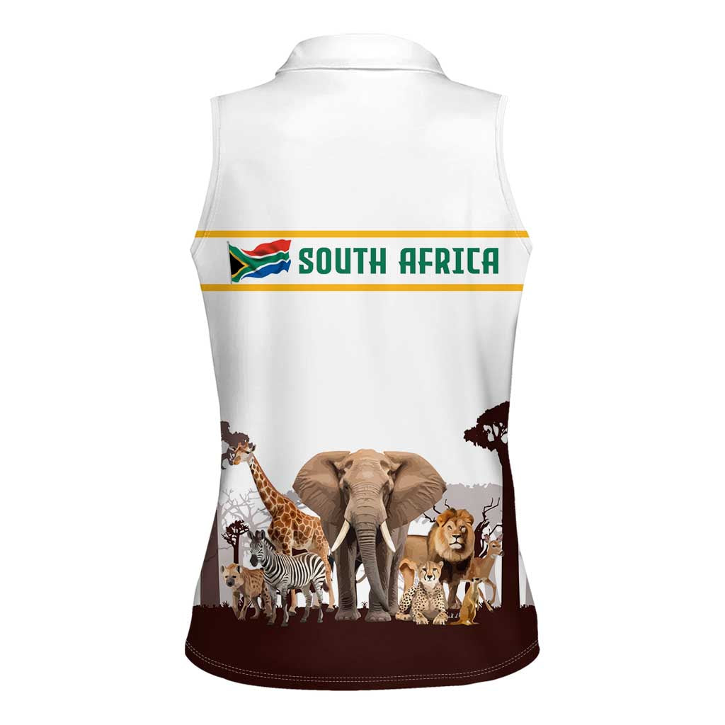 South Africa Wildlife Pride Women Sleeveless Polo Shirt Big Five with National Flag and Protea Floral Accent