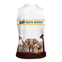South Africa Wildlife Pride Women Sleeveless Polo Shirt Big Five with National Flag and Protea Floral Accent