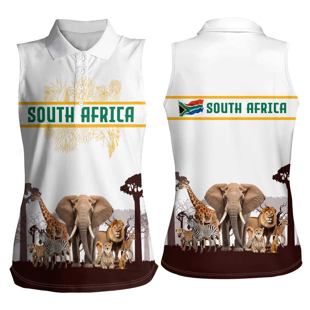 South Africa Wildlife Pride Women Sleeveless Polo Shirt Big Five with National Flag and Protea Floral Accent