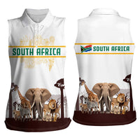South Africa Wildlife Pride Women Sleeveless Polo Shirt Big Five with National Flag and Protea Floral Accent