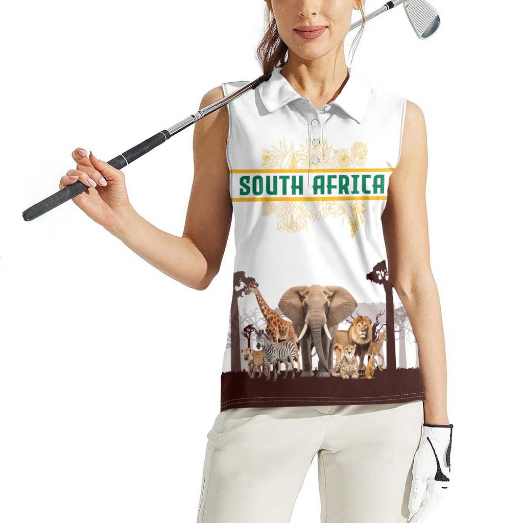 South Africa Wildlife Pride Women Sleeveless Polo Shirt Big Five with National Flag and Protea Floral Accent