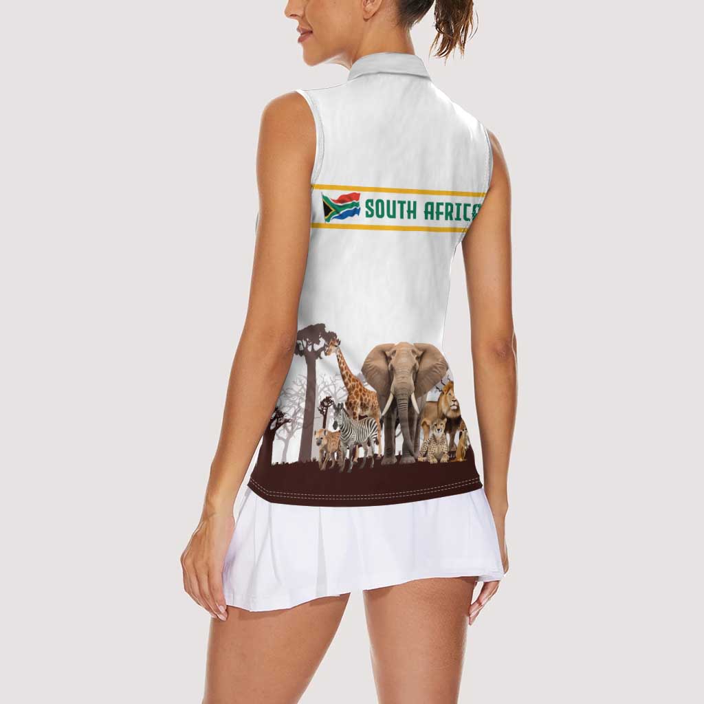 South Africa Wildlife Pride Women Sleeveless Polo Shirt Big Five with National Flag and Protea Floral Accent