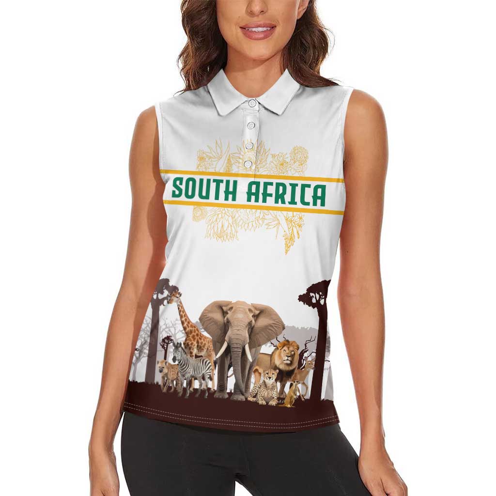 South Africa Wildlife Pride Women Sleeveless Polo Shirt Big Five with National Flag and Protea Floral Accent