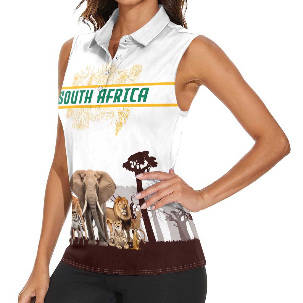 South Africa Wildlife Pride Women Sleeveless Polo Shirt Big Five with National Flag and Protea Floral Accent