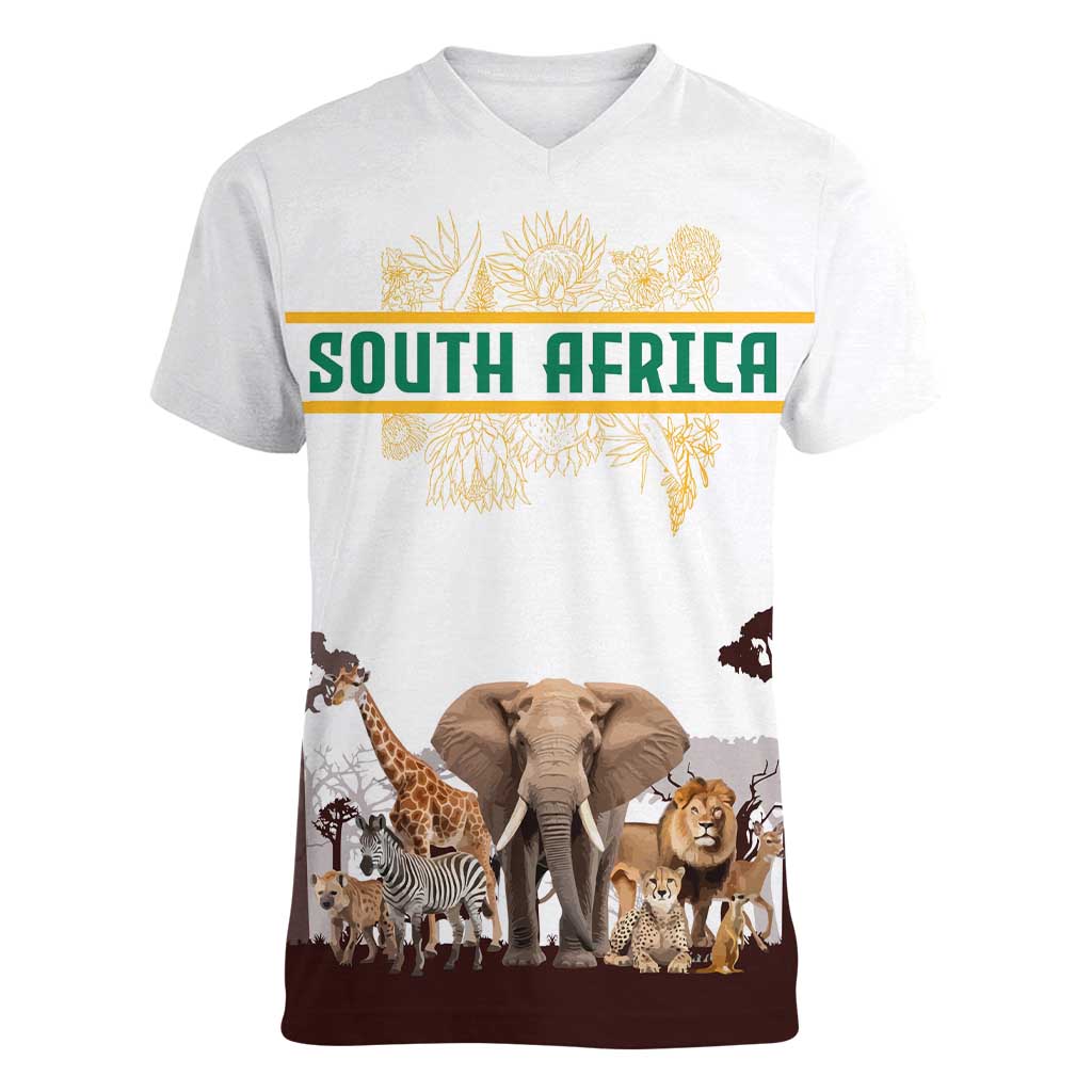 South Africa Wildlife Pride Women V-Neck T-Shirt Big Five with National Flag and Protea Floral Accent