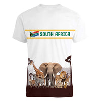 South Africa Wildlife Pride Women V-Neck T-Shirt Big Five with National Flag and Protea Floral Accent