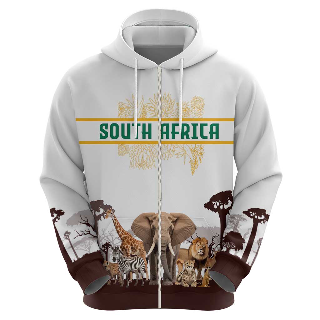 South Africa Wildlife Pride Zip Hoodie Big Five with National Flag and Protea Floral Accent
