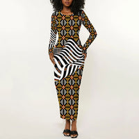 Cameroon Toghu Bamenda Long Sleeve Bodycon Dress African Traditional Art