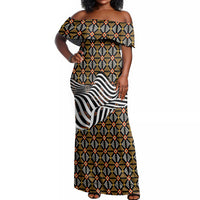 Cameroon Toghu Bamenda Off Shoulder Maxi Dress African Traditional Art