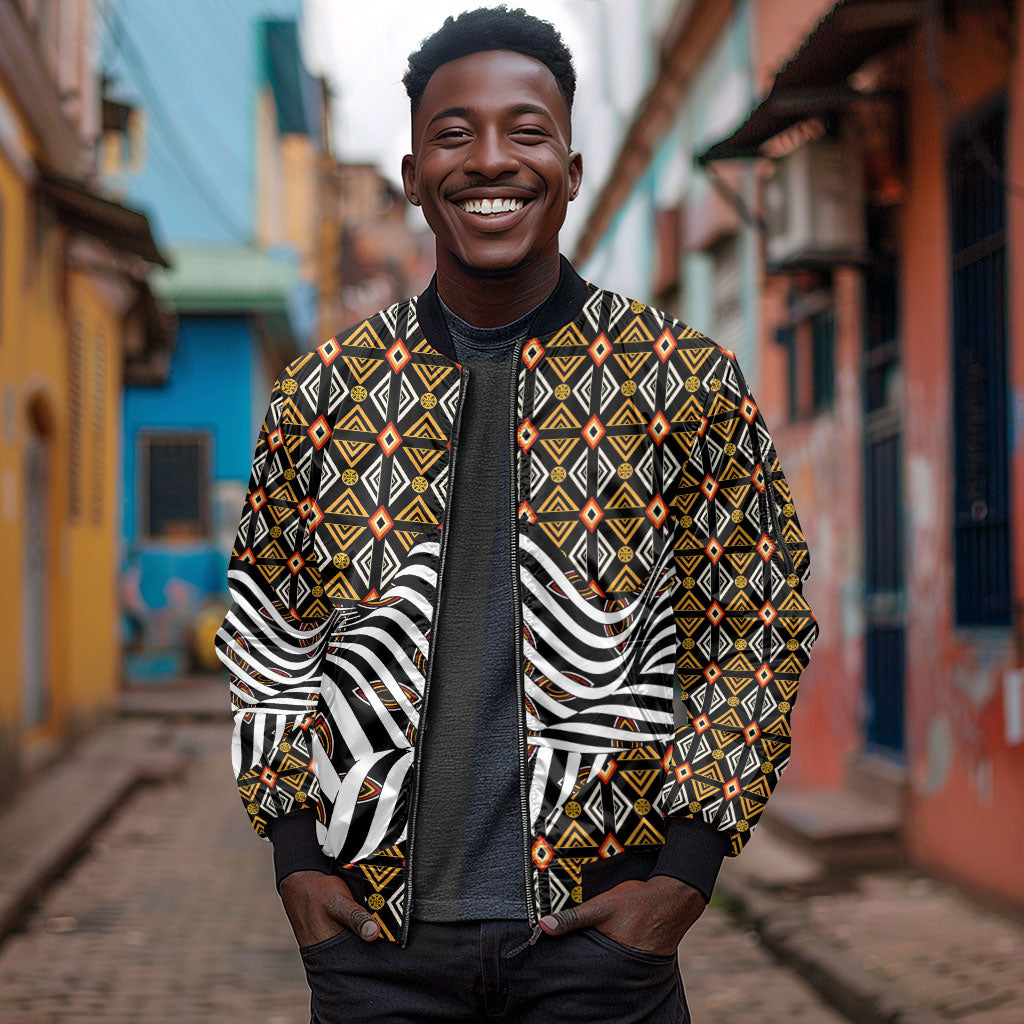 Cameroon Toghu Bamenda Sleeve Zip Bomber Jacket African Traditional Art