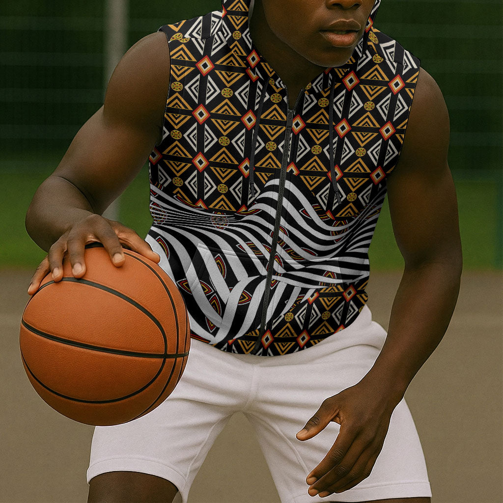 Cameroon Toghu Bamenda Sleeveless Zip Hoodie African Traditional Art