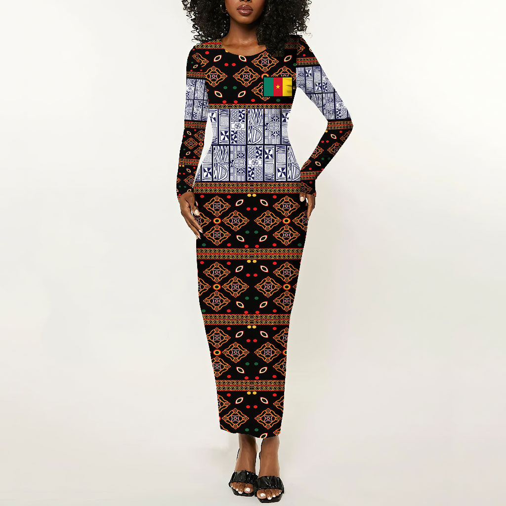 Cameroon Toghu Long Sleeve Bodycon Dress Flag Coat Of Arms - Traditional Bamenda Art