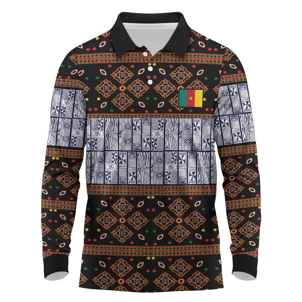 Cameroon Toghu Long Sleeve Polo Shirt Flag Coat Of Arms - Traditional Bamenda Art